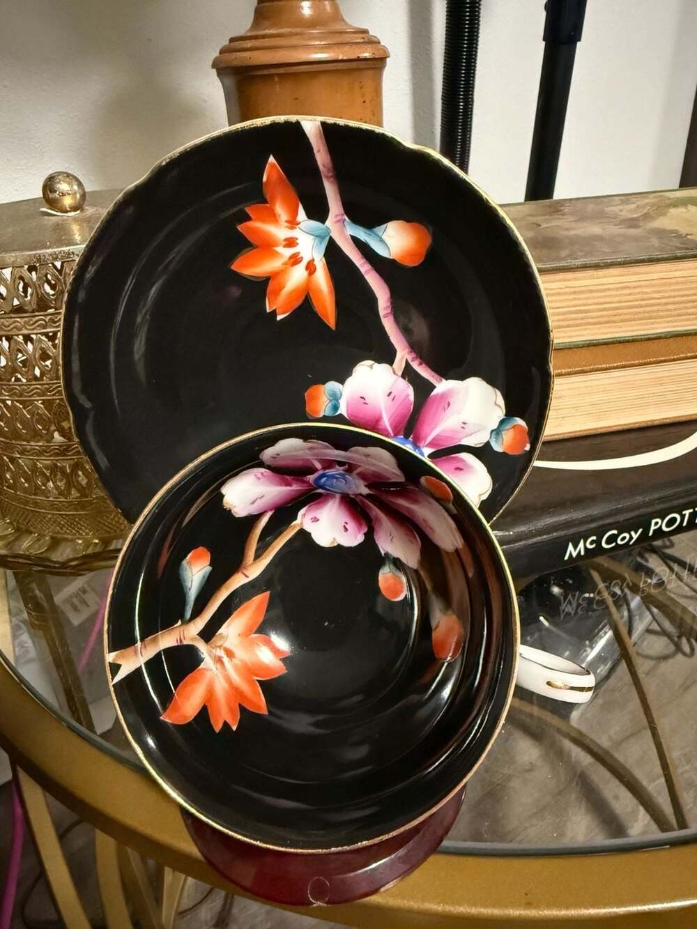 Vintage Hand Painted Wales China Japan Black Teacup and Saucer Set Floral